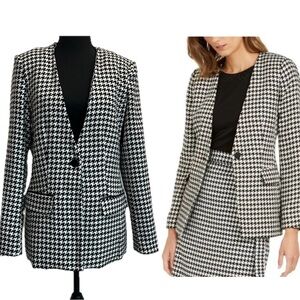 T Tahari black white houndstooth single breasted blazer classy Sz 10